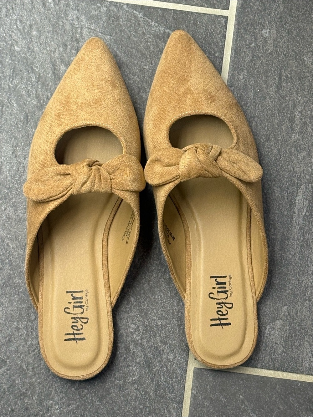 Tan Suede Pointed Bow Mules Knot Bow Design